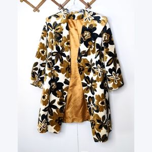 Vintage 60s Floral Warm Tapestry Cut Chenille Velvety Carpet Swing Coat Gold M